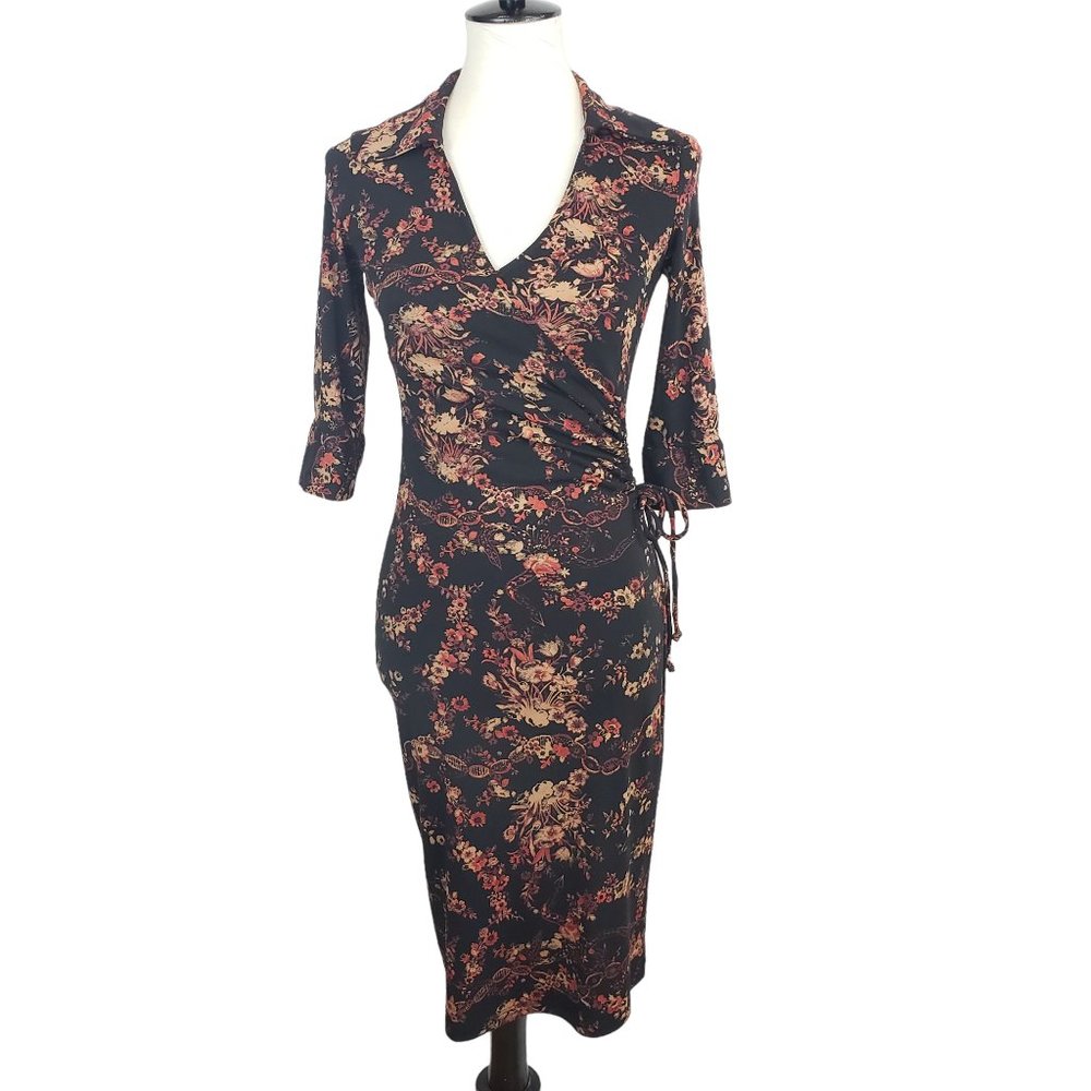 Ruby Y2K Black and Orange Floral Print V-Neck Faux Wrap Mini-Dress Size XS